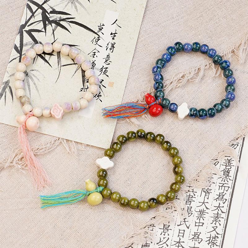 Trendy Multicolored Elastic Ceramic Cucurbit Beaded Bracelet For Women Bohemian Style Jewelry Gift