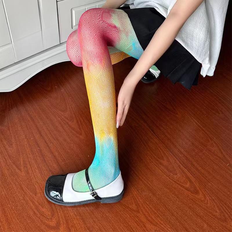 

Женские Сексуальные Длинные Сетчатые Чулки Радужной Расцветки Дамские Уникального Нового Дизайна Выше Колена До Бедра Носки Медиас JK Сетчатые Чулки One Size