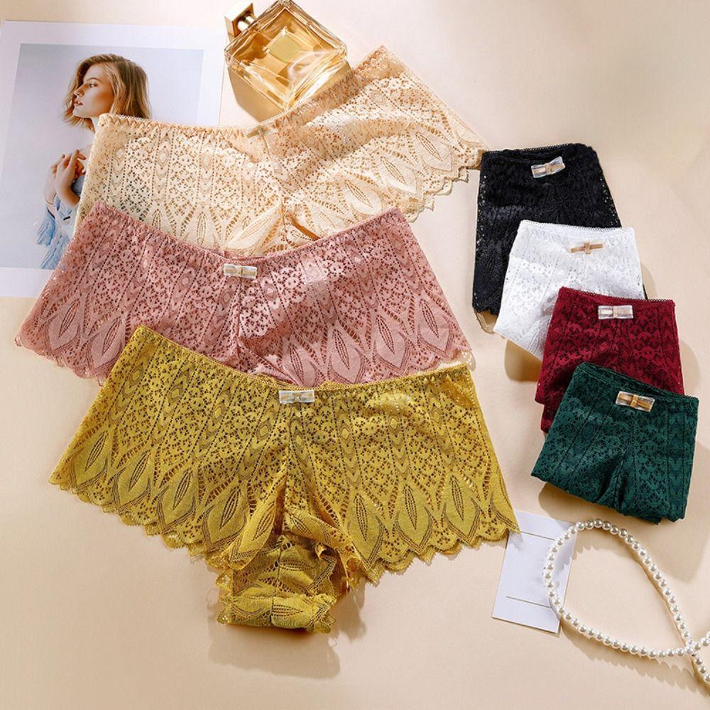 Large Size Lace Seamless Briefs Hollow Underwear for Women Solid Color Mesh Flower Panties Party