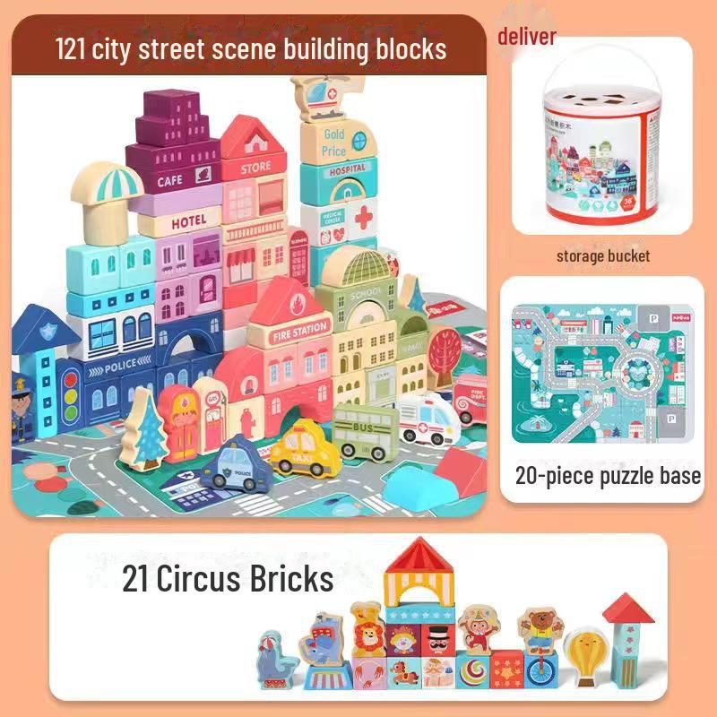Children's Mini Castle Wooden Puzzle Blocks - City Street Scene Building Set