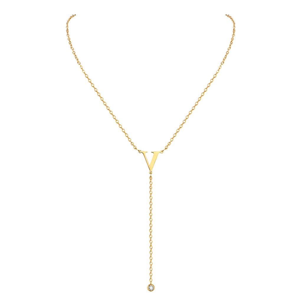 Lariat Initial Necklaces Women, Stainless Steel Long Chain, A- Z Letter With Zirconia Pendant Drop Neckalce, Y-shaped Jewelry