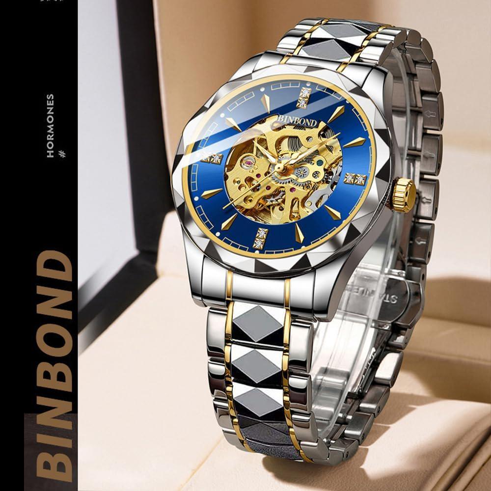 BINBOND Men's Automatic Mechanical Watch Skeleton Hollow Blue Dial Diamond Stainless Steel Waterproof Luxury Business Wristwatch