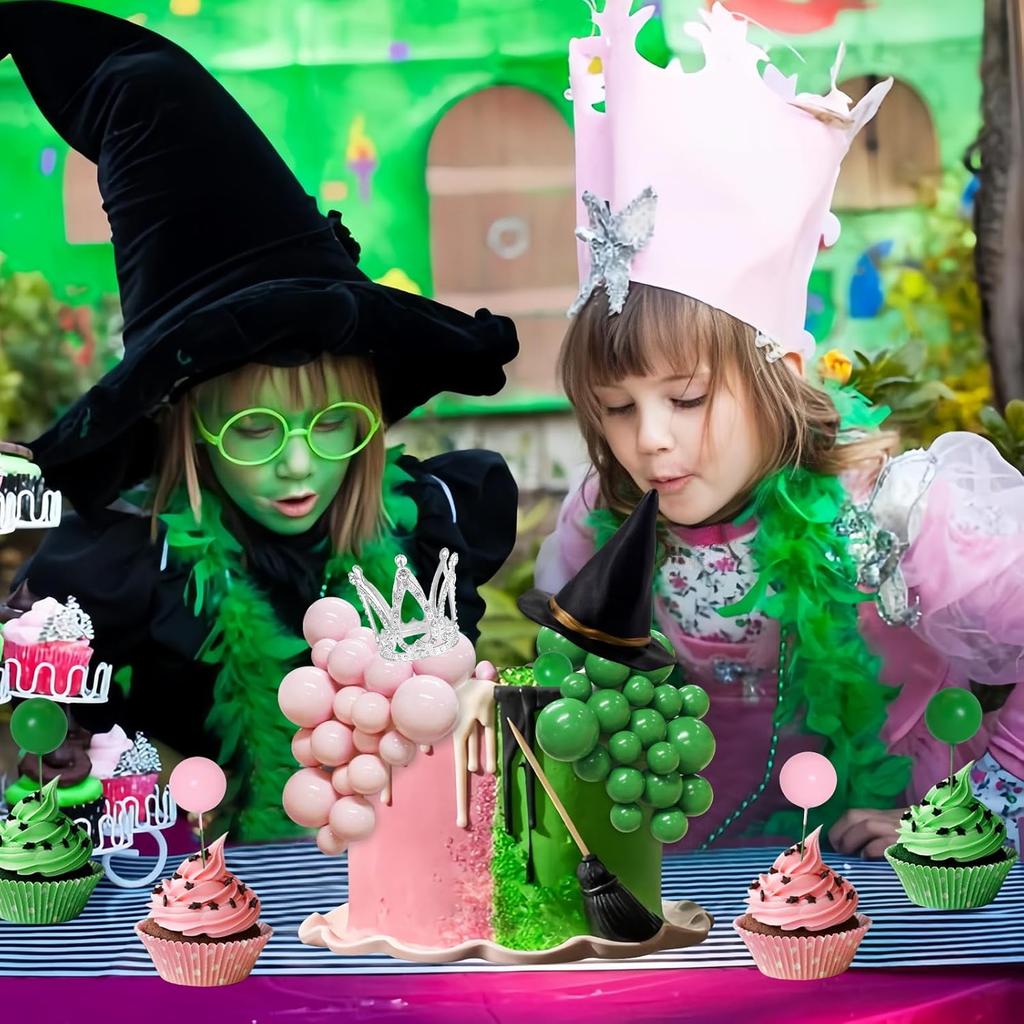 42pcs Witch Cake Topper Set, Mini Witch Hat & Silver Crown, Pink Green Foam Ball Cake Decorations for Halloween Party, Birthday