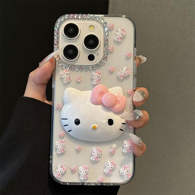 

Rhinestone pink beads Kt cat mobile phone case for Iphone15Promax transparent Iphone16 acrylic 14 iPhone 17Promax