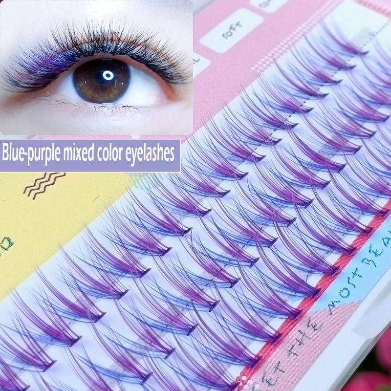 

Новинка 2022, 20 сине-фиолетовых волос разного цвета от прививки ресниц, один пучок натуральных ресниц, макияж глаз