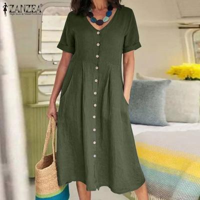 Women Summer Casual V-neck Short Sleeve Button Up Cotton Dress