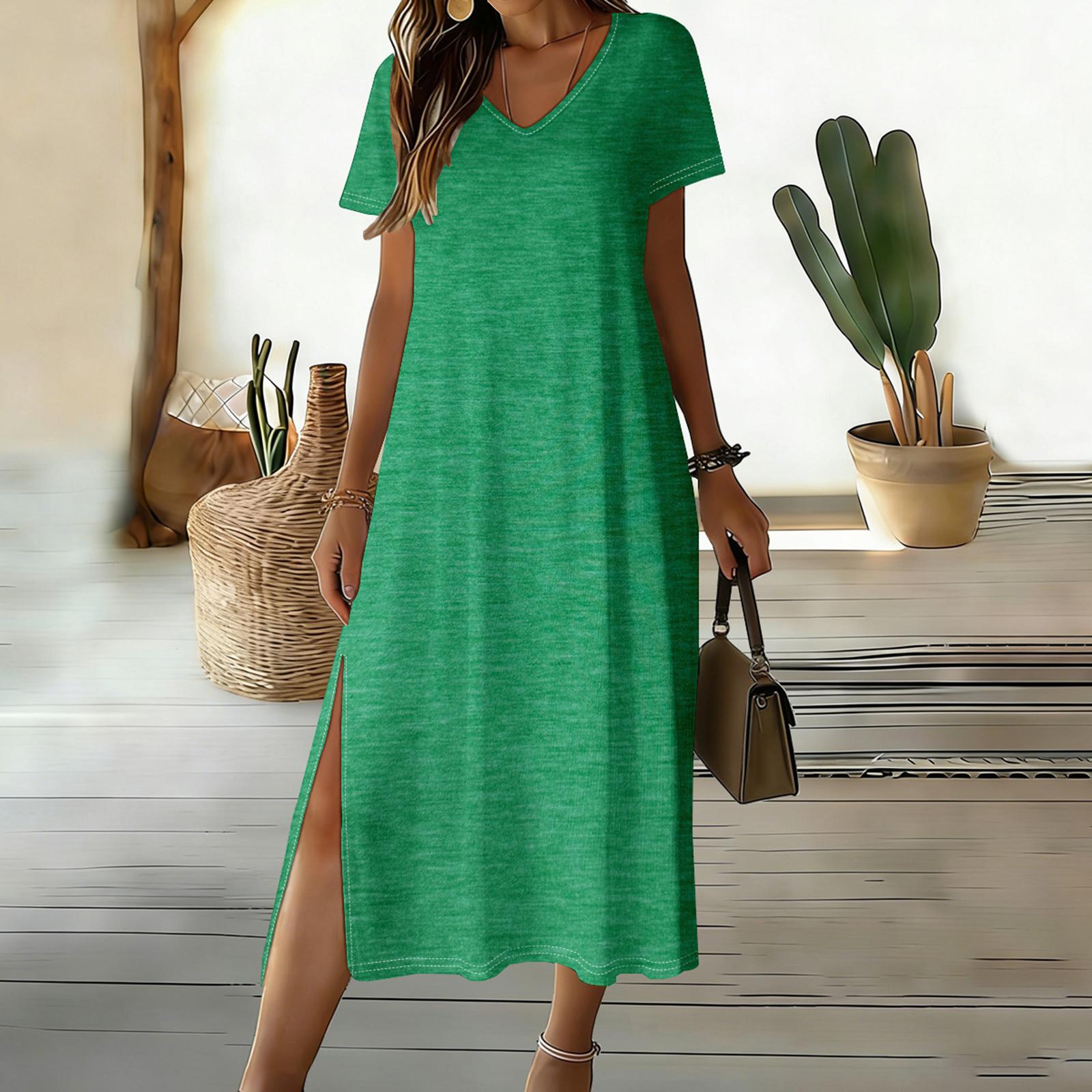 

Women s Casual Loose V-neck Short-sleeved Skirt With Slit At The Hem And Mid-length Design XL зелений