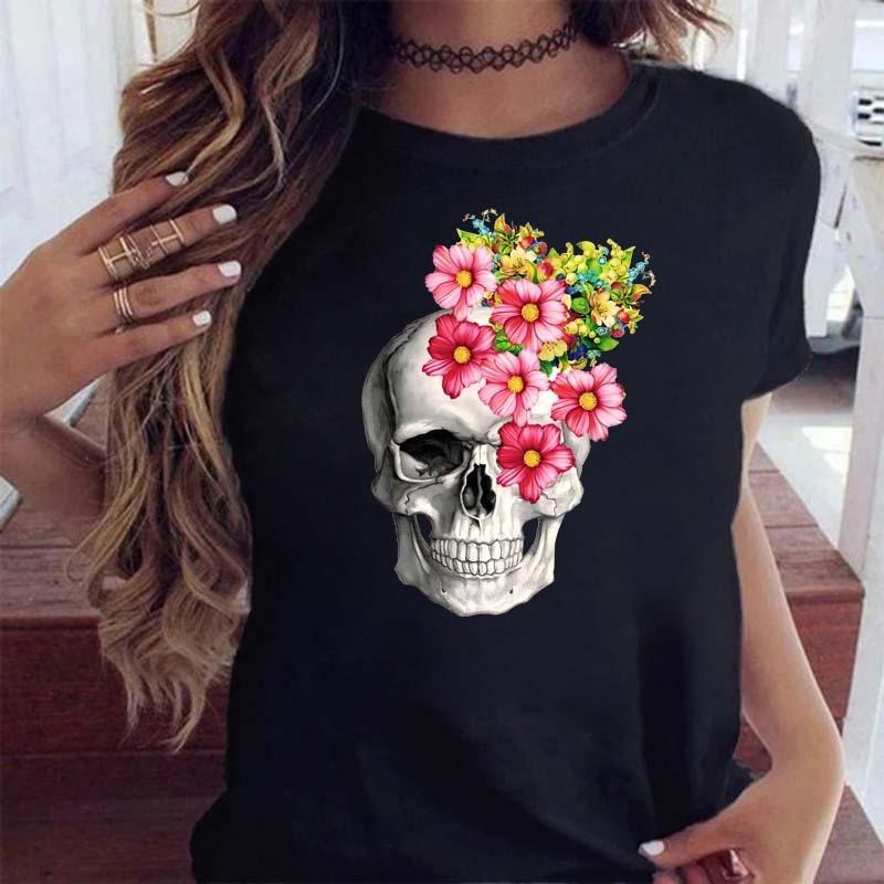 Fashion Skull Flower Print Women T Shirt Summer Casual Short Sleeve O Neck Women Tshirt