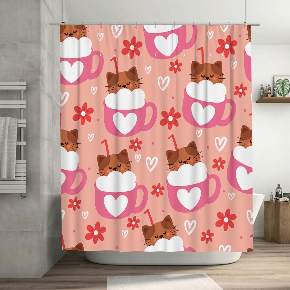 Pink Cup Cat Shower Curtain Cute Animal Print Decorative Bathroom Liner Set for Home Decoration Accessories (180 x 180cm) Free S