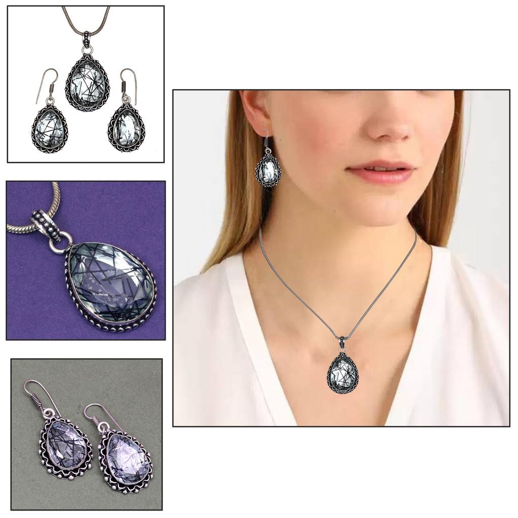 Black Rutile Set  Pendant  Jewelry Earring 18-20'' Gemstone Handmade