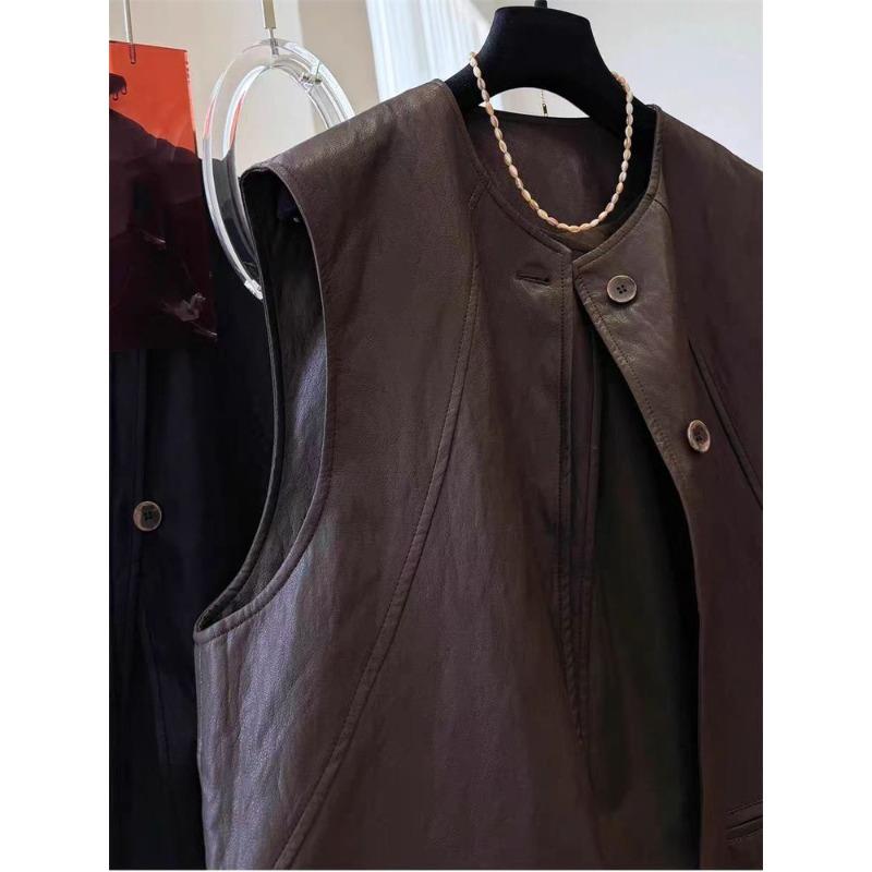 Gilet in Pelle da Donna Autunnale di Alta Moda Design Chic Unico Girocollo Senza Maniche Taglie Forti Gilet da Sovrapporre Capo Esterno per Donne
