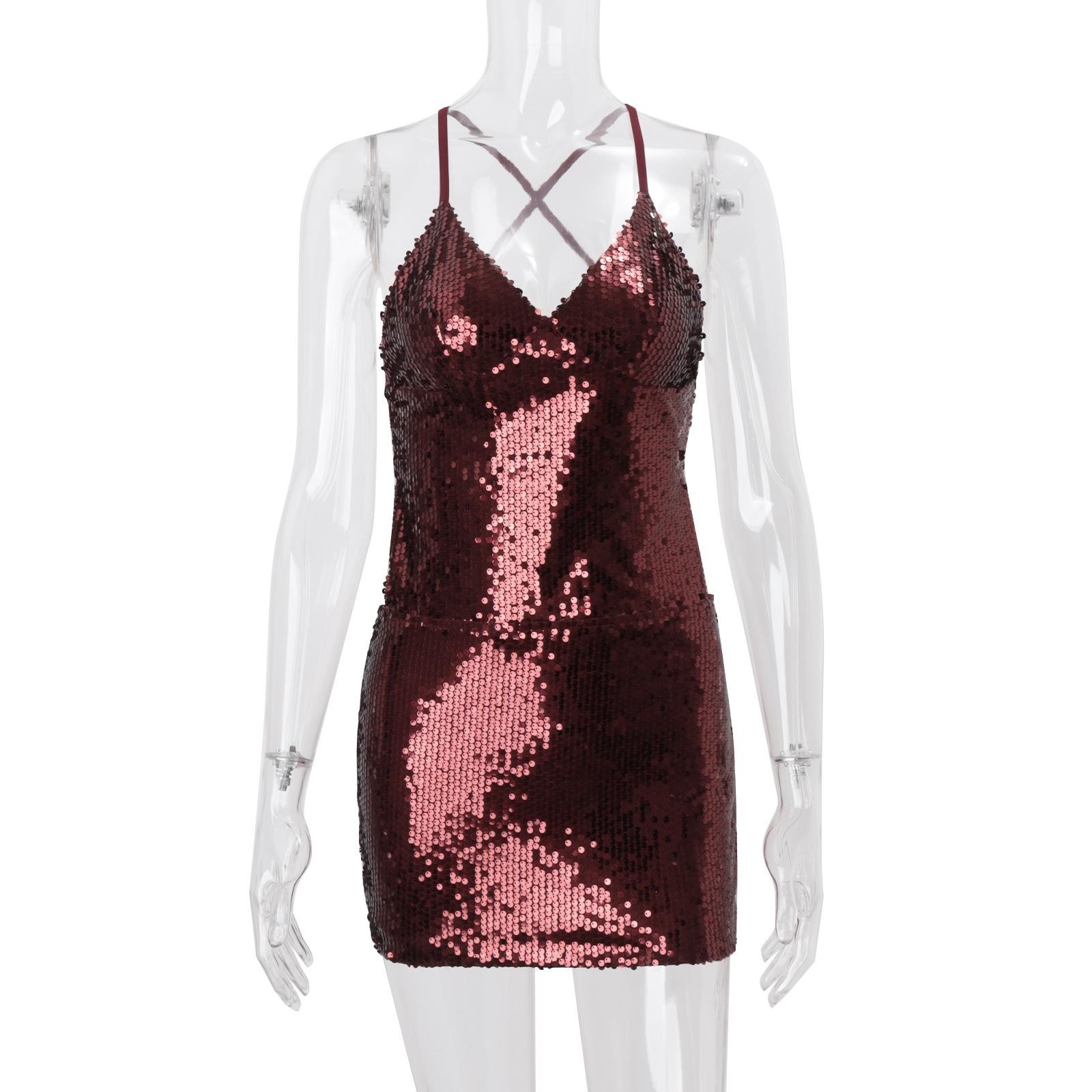 

European and American women s clothing autumn new sexy big halter nightclub Spice Girls sequined lace-up hip-wrapped dress short skirt S красный