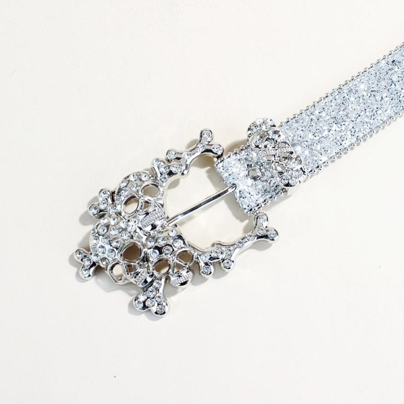 Shining Rhinestones Studded Skull Buckle Belt for Western Cowgirls Cool Blingbling PU Leather Fashion Waist Decors