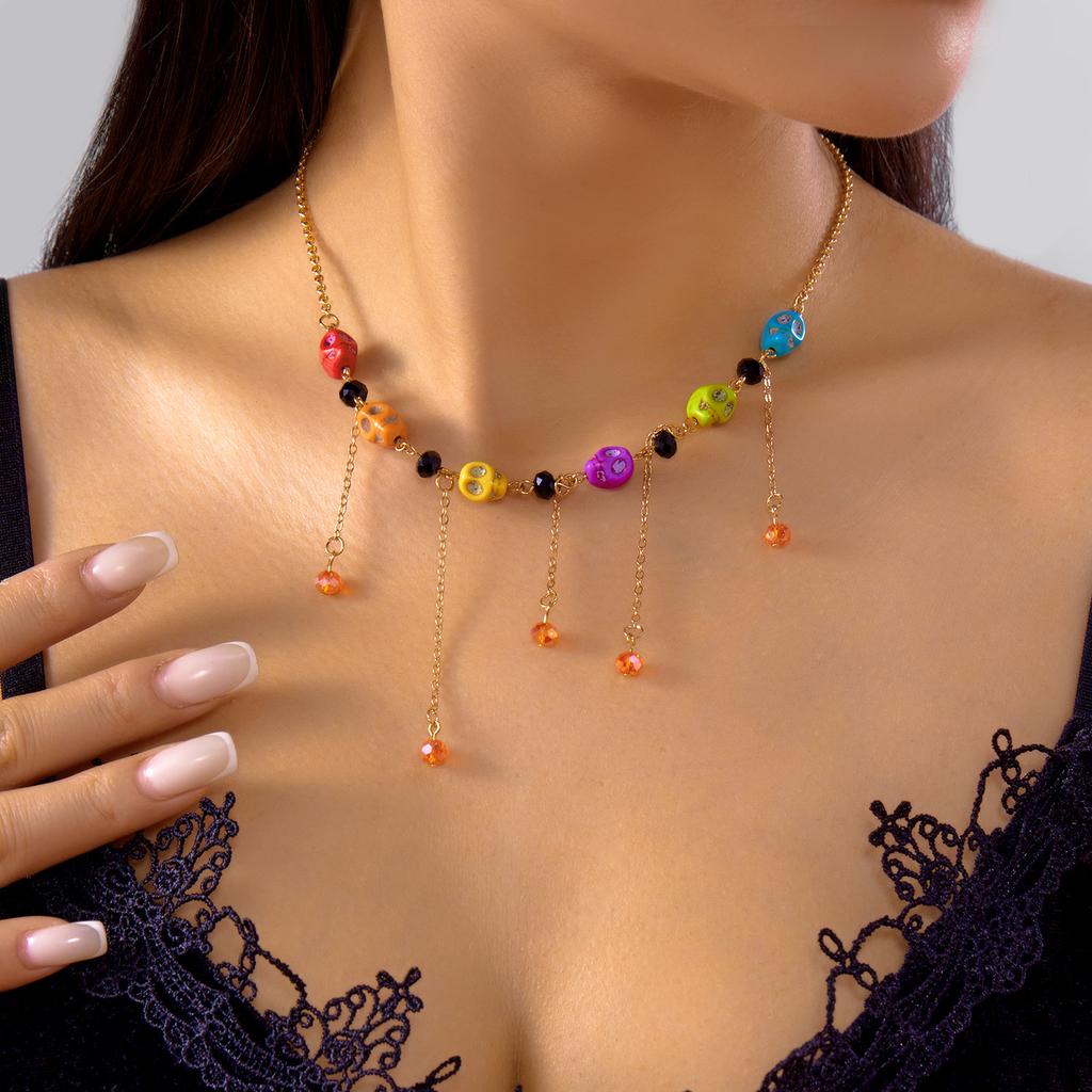 Halloween Pottery Pumpkin Ghost Witch Hat Fringed Alloy Pendant Necklace Skeleton Hand Spider Simple Necklace