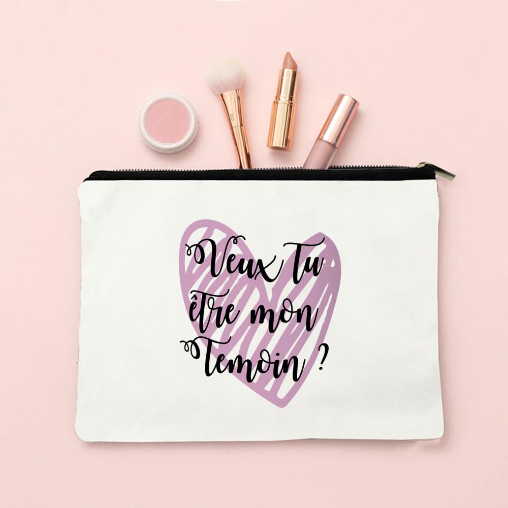 Do You Want To Be My Witness French Print Makeup Bag Female Neceser Toiletry Storage Linen Zipper Bags Wedding Gift for Witness