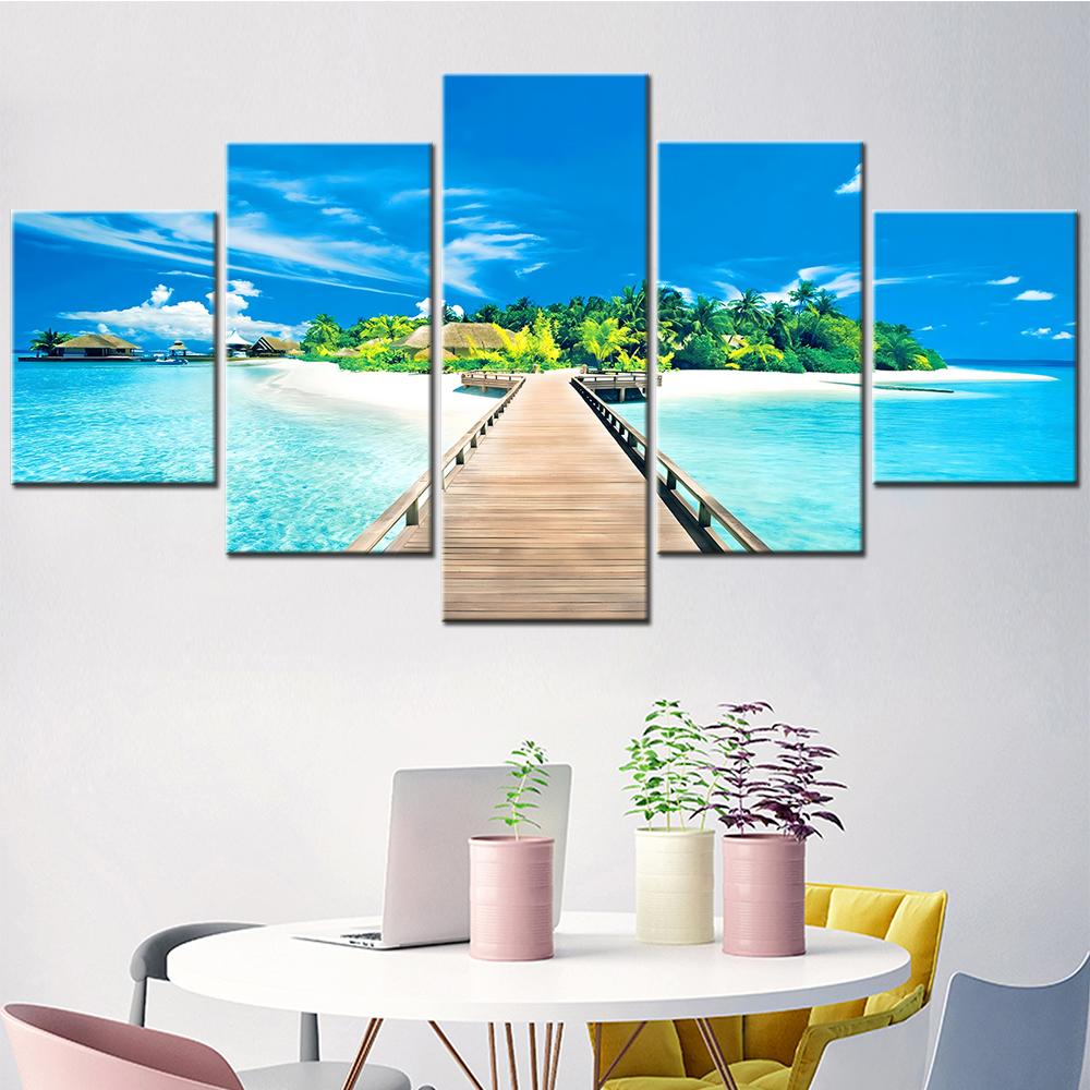 

5 Pieces Tropical Island Canvas Wall Art - Bridge to Palms Trees Home Decor Painting for Bedroom Interior Printed Picture 20X35 20X45 20X55CM