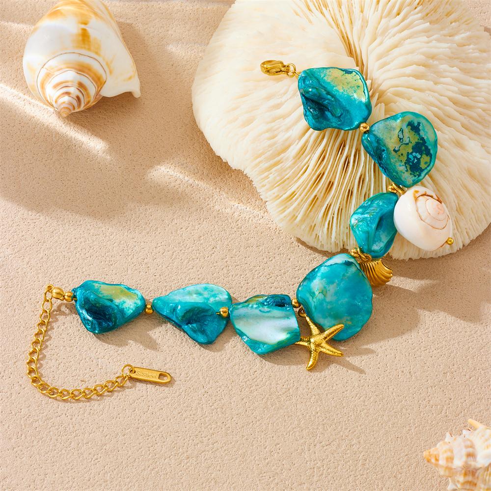 DIEYURO 316L Stainless Steel Starfish Irregular Blue Stone Conch Bracelet For Women Classic Wrist Chain Jewelry Party Gift