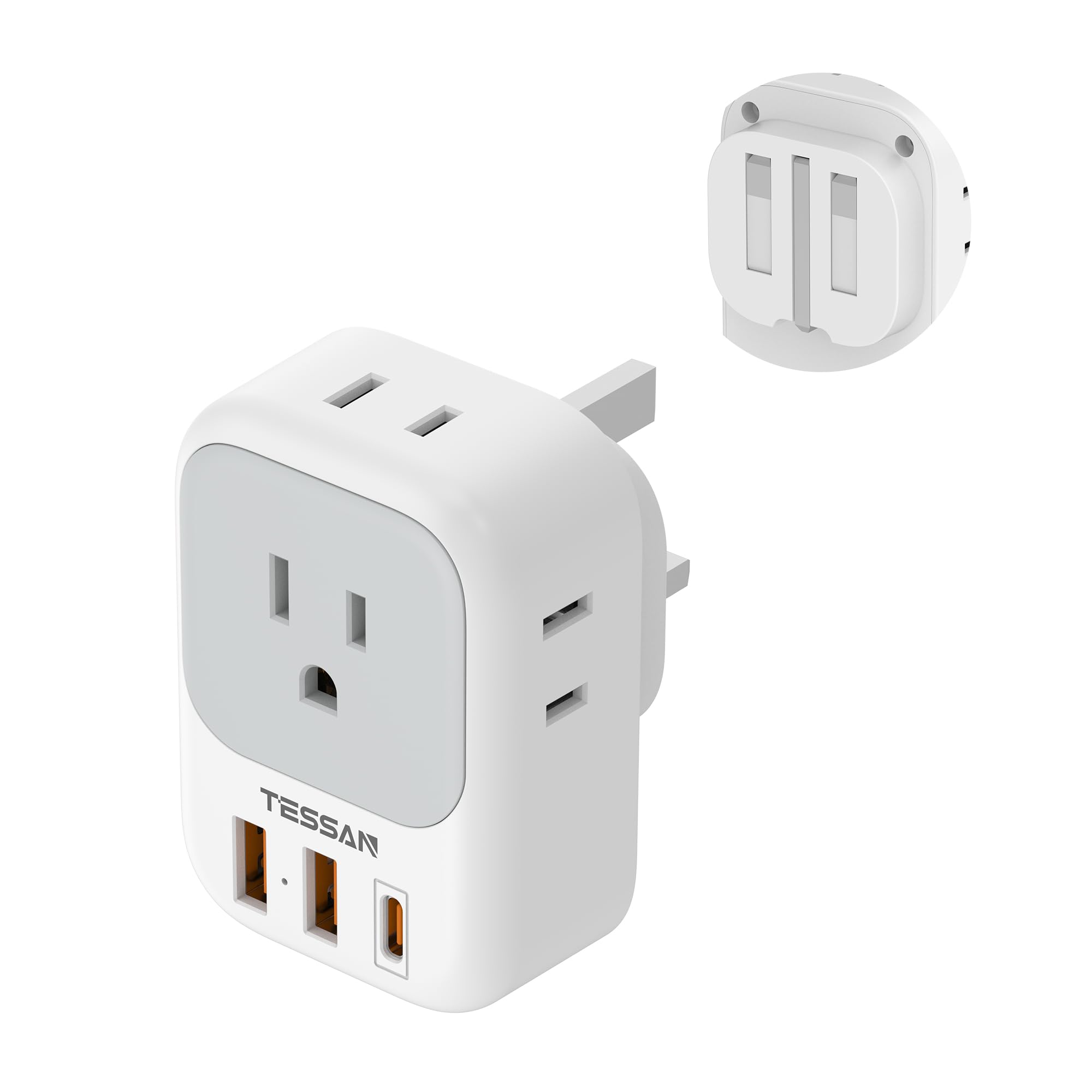 

Складной адаптер TESSAN типа BF, 4 розетки переменного тока, 1 USB-C и 2 USB-A конвертера, Идеально подходит для путешествий в Сингапур, Гонконг, Великобританию и Малайзию