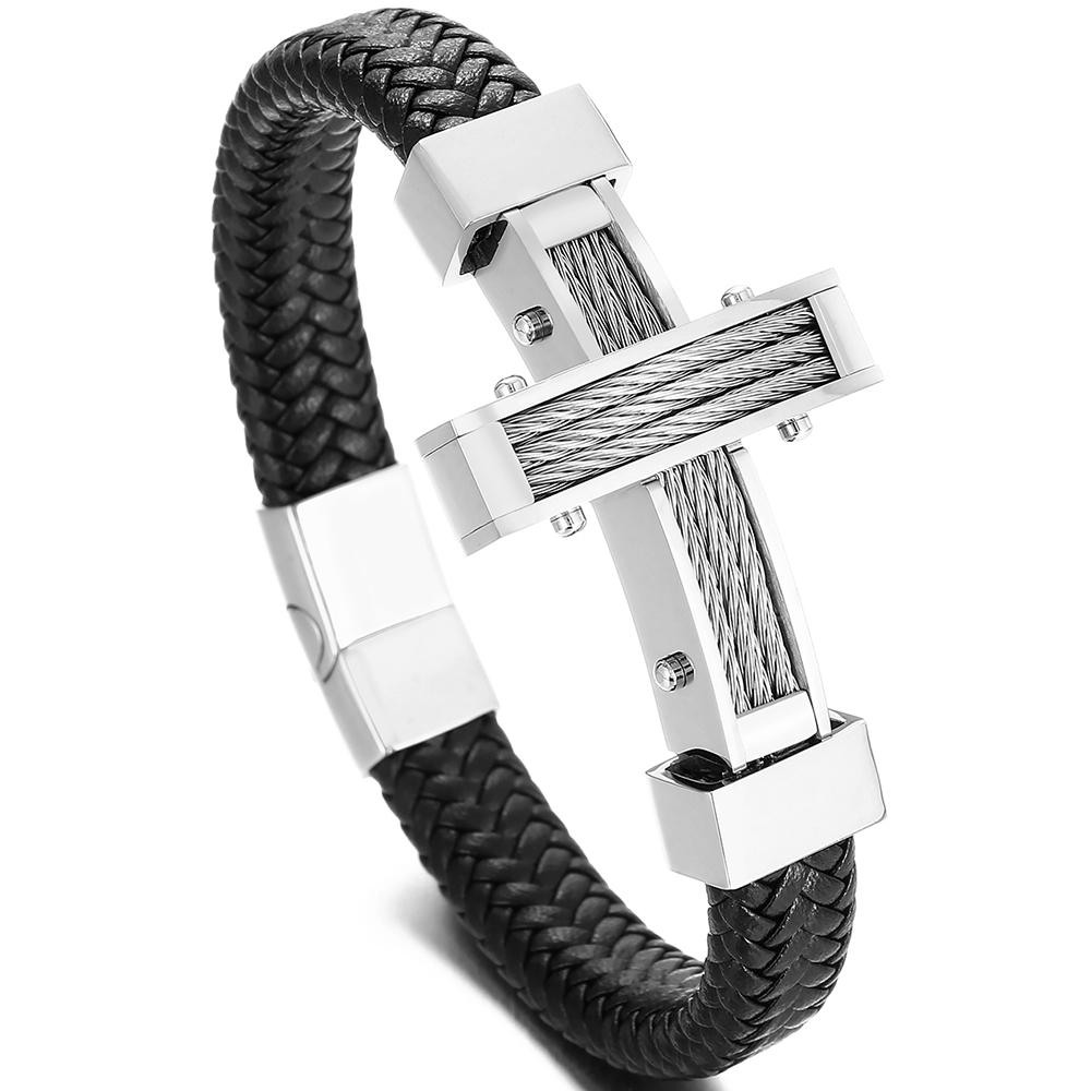 Handmade Braided Leather Wrap Bracelet for Men Stainless Steel Men's Cross Bracelets With Magnet Clasp Birthday Party Jewelry