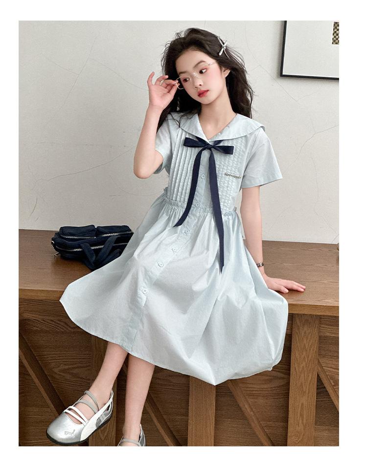 Girls' Korean version college style summer dress, new summer children's stylish navy collar bow dress