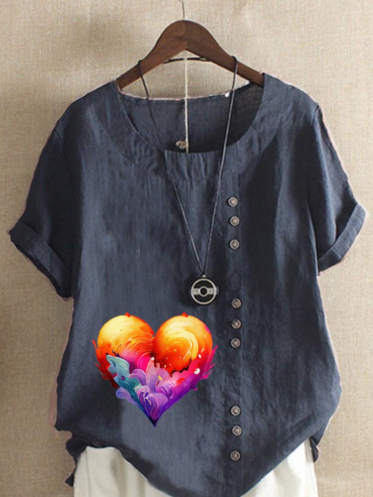 Women's Fashion Flame Love Print Round Neck Short Sleeve T-shirt Summer Casual Cotton Linen Graphic Shirt Leisure Loose Blouse Tops