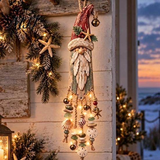 Coastal Style Christmas Window Light Santa Wooden Wall Hanging, LED Lighted Ornament with Rustic Ocean Flair Holiday Seashell, Starfish &