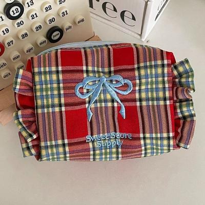 Ruffle Edge Travel Toiletry Bag Bow Embroidered Checkered Coin Purse Portable Women Cosmetic Bag