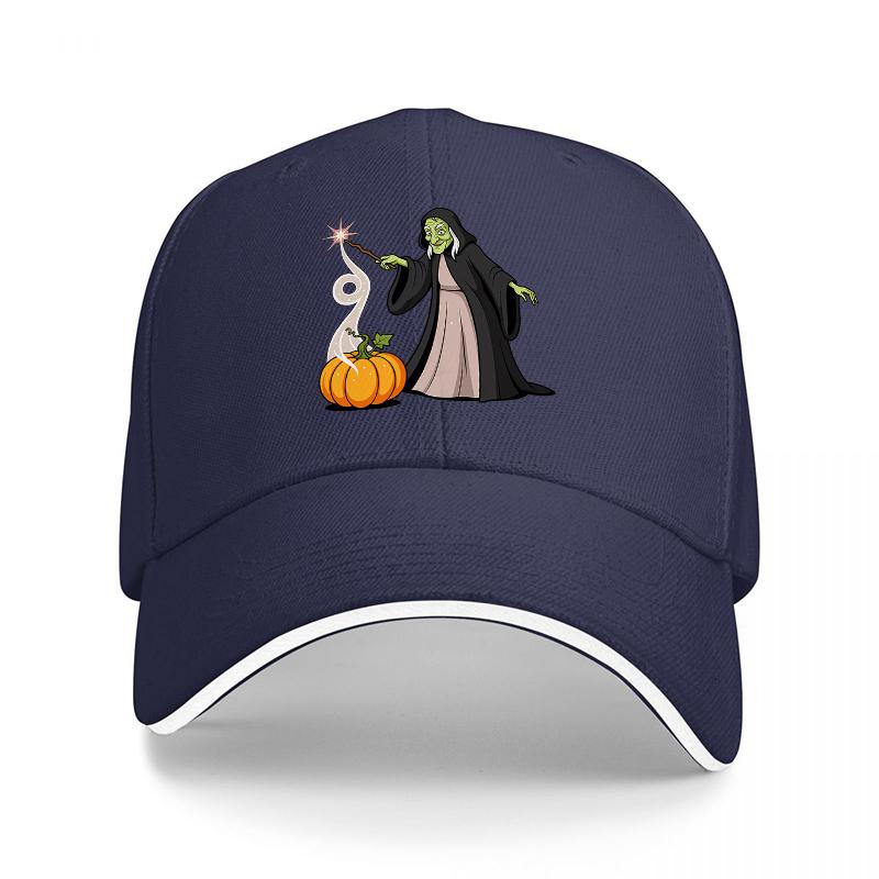 

Witch and Pumpkin Halloween Baseball Cap Black Embroidered Design Magic Wand Autumn Theme Adjustable Hat for Adults Adjustable