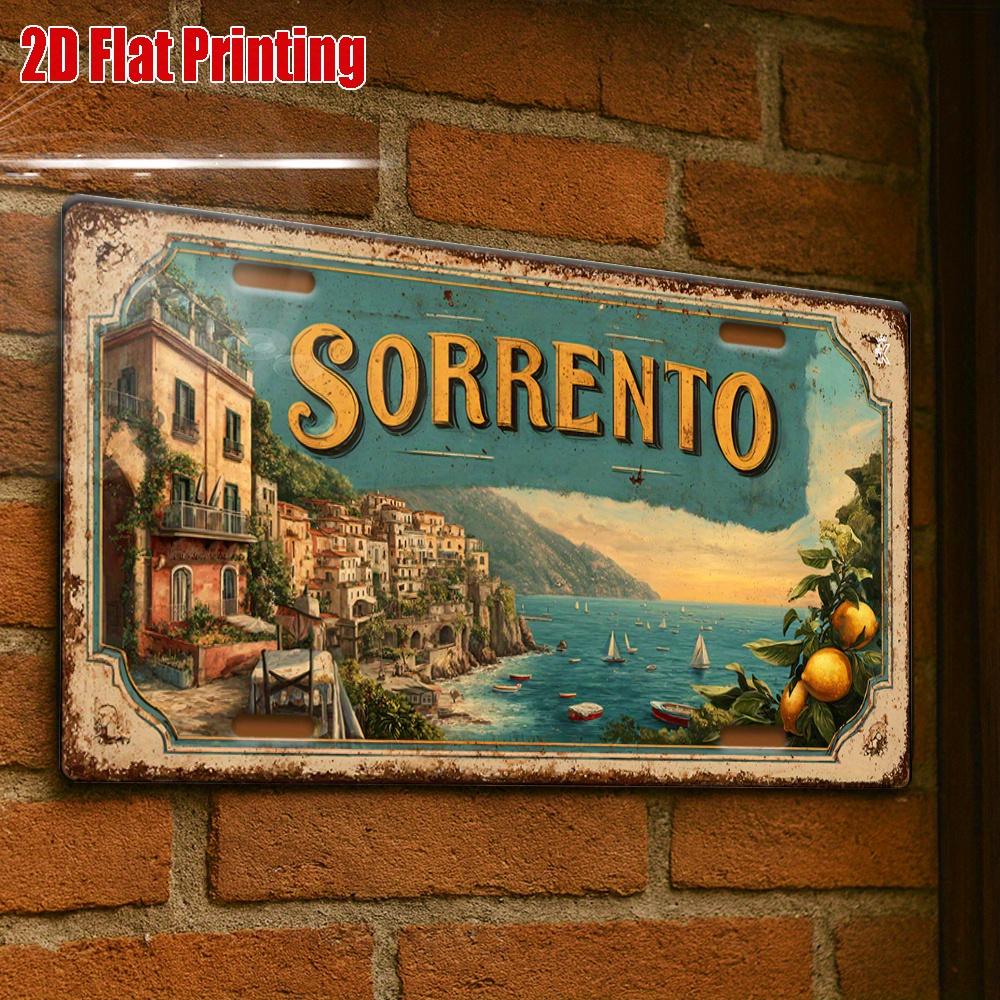 2D flat, 1 retro metal license plate, Sorrento Amalfi Coast aluminum sign, suitable for kitchen walls, rustic decor, summer home
