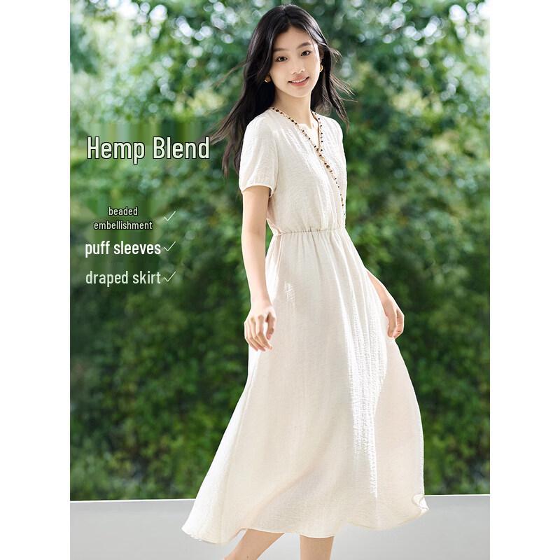 Bohemian V-Neck Puff Sleeve A-Line Midi Dress XL грязно-белый
