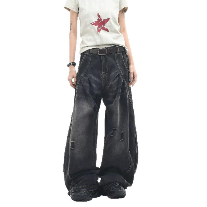 Vintage Washed Distressed Wide Leg Straight Jeans Men Women Loose Fit Casual Denim Pants