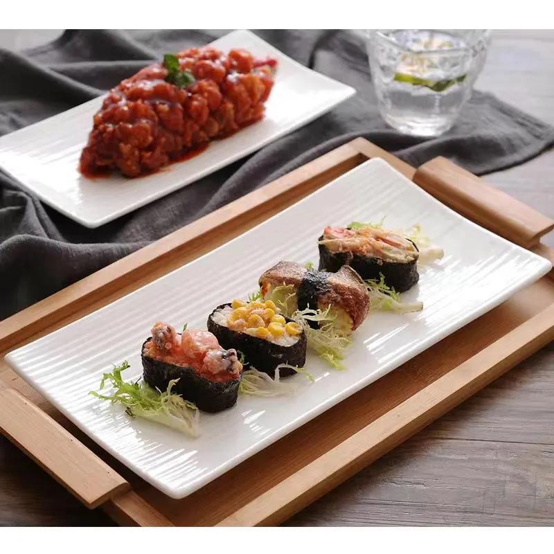 Green Umbrella Rectangular Ivory Ceramic Plate