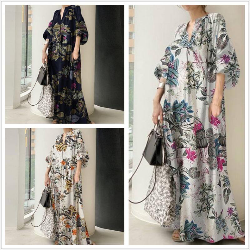 Cotton Linen Printed Plus Size Summer Dress Women V-neck Casual Loose Oversized Dress Woman Simple Vintage Floral Elegent Dresses 24363