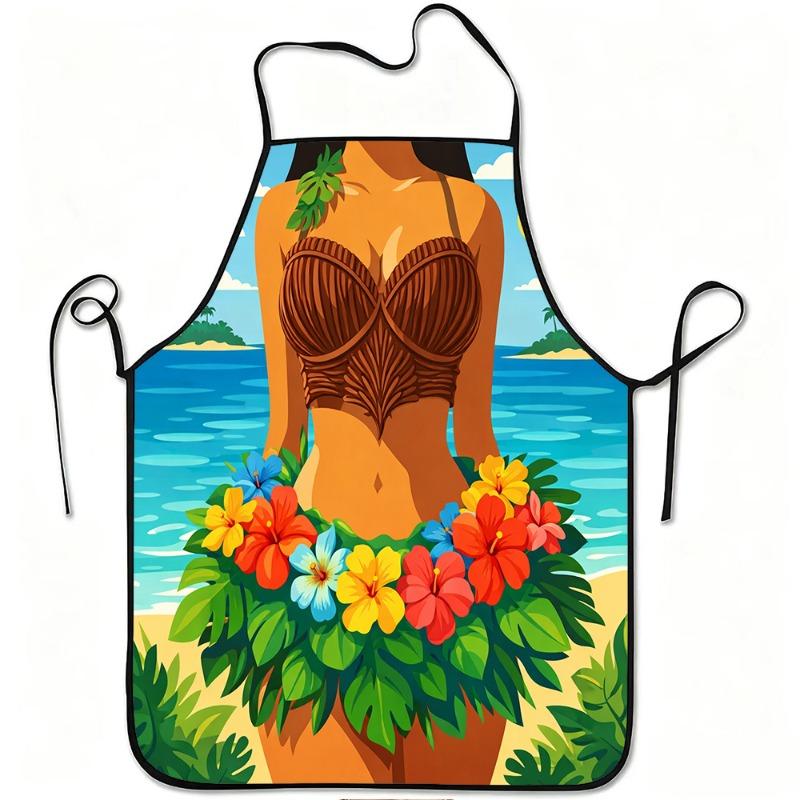 1pc Tropical Hawaiian Vacation Girl Print Apron, Durable And Easy To Clean, Adjustable Waistband, Polyester Material, Suitable F