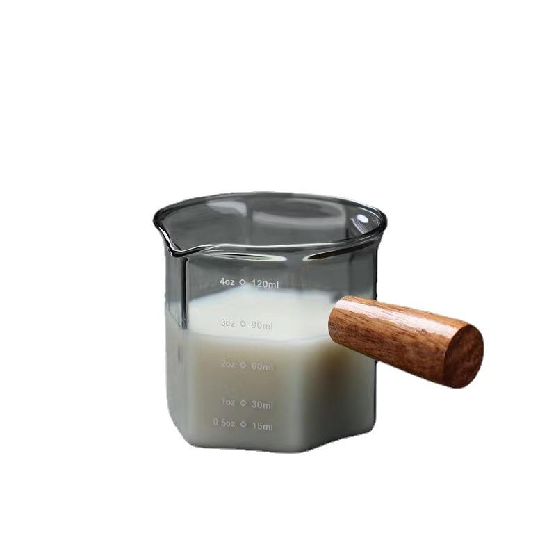 High Borosilicate Coffee Cup Glass with Scale Espresso Extraction Measuring Cup Wooden Handle Milk Cup Milk Jug Ounce Cup