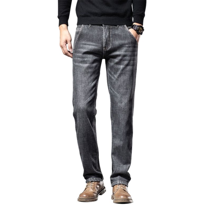Clearance of Foreign Trade Surplus: Men's Fleece-Lined Straight-Leg Stretch Jeans, New Winter Style, Thickened, Warm, Loose-Fitting Casual Pants