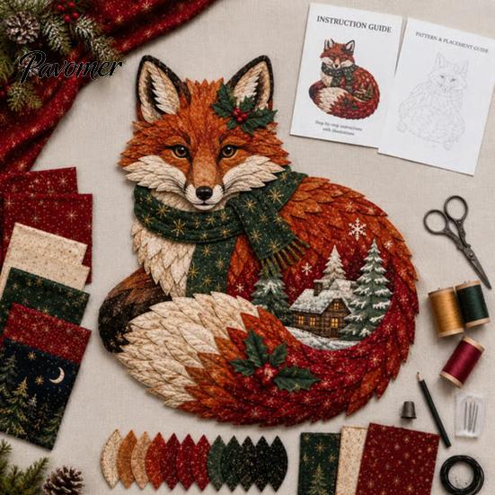 Christmas Fabric Art Patchwork DIY Kit, Adult Sewing Handcrafted Set with Creative Holiday Gift Pre-Cut Squares, Animals Craft for Beginners Quilting