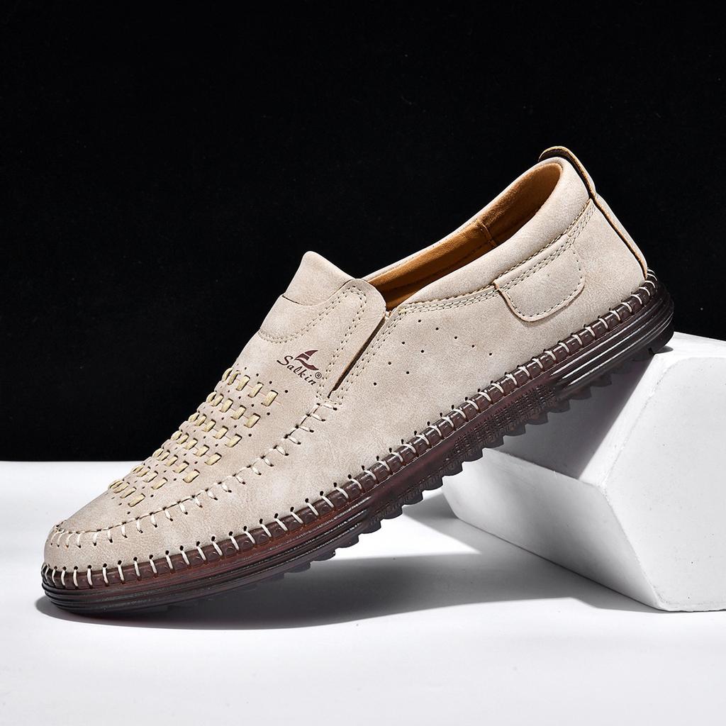 New 2026 Handmade Leather Men Shoes Design Fashion Sneakers Slip On Loafers Summer Mesh Breathable Casual Shoes Men Driving Flat