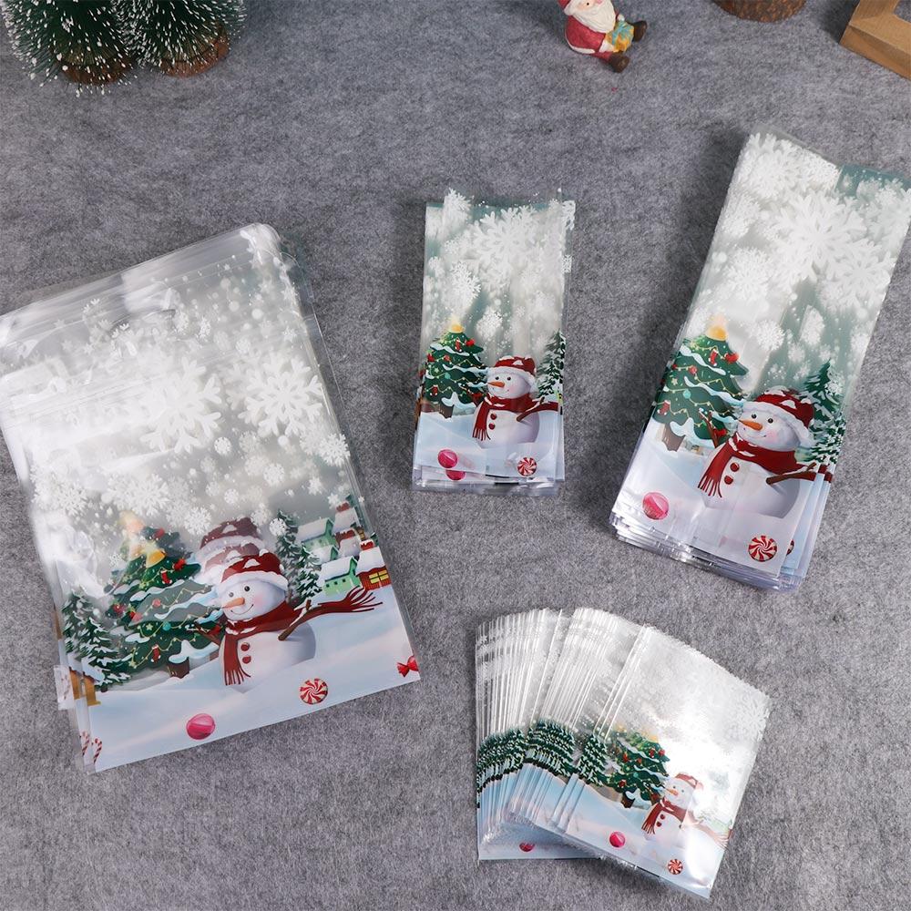 50/100Pcs Plastic Christmas Snowman Cookie Bags Transparent Thickened Candy Packaging Bags Snowman Snowflake Pattern