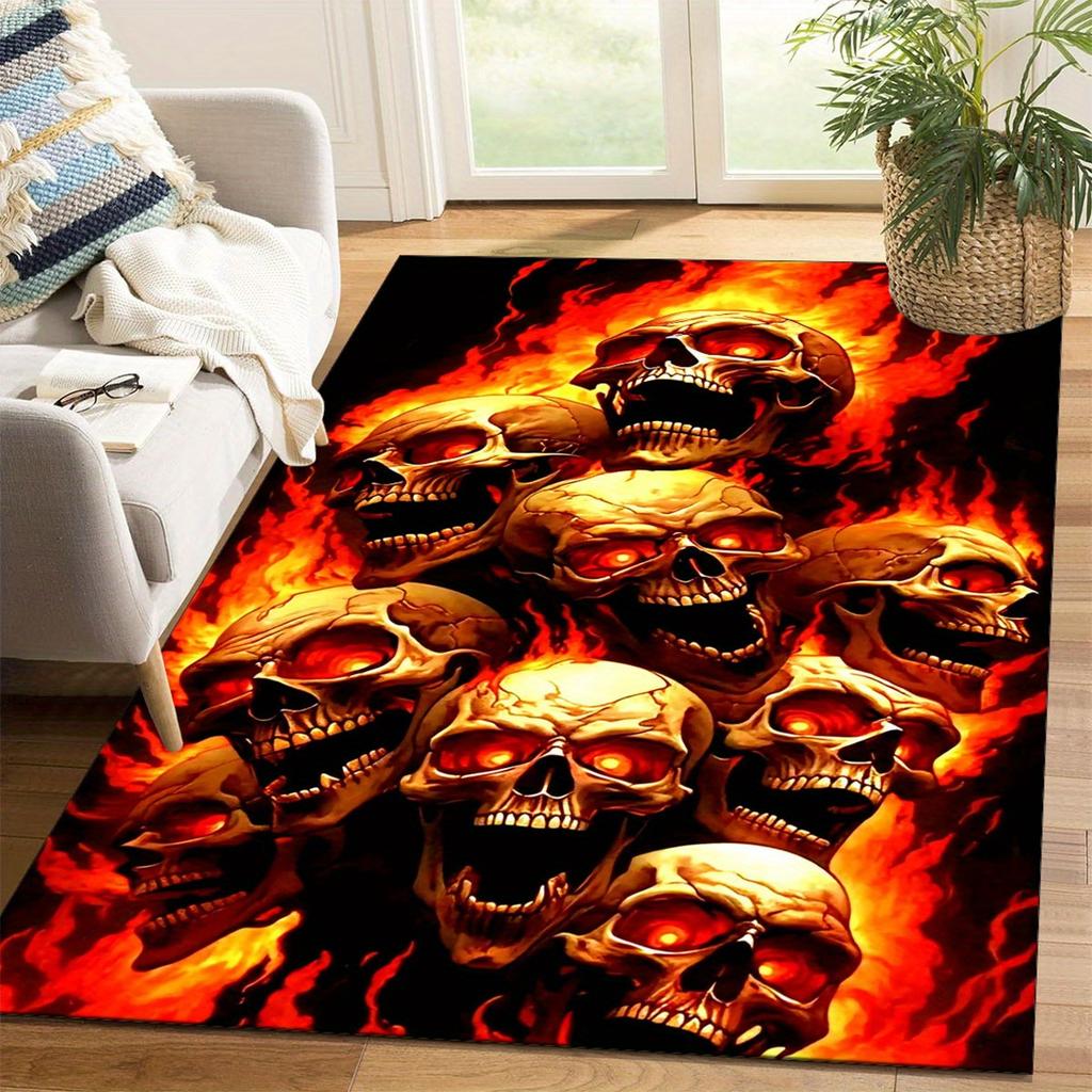 Flame Skull Polyester Rug, Non Slip Crystal Velvet, Durable Chair Mat, Edgy Kitchen Restaurant Decor, Gothic Home Accent
