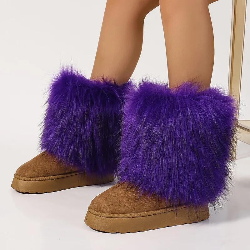 Winter women faux fur snow boots warm short plush lining fluffy fashion furry shoes woman platform suede leather ankle boots