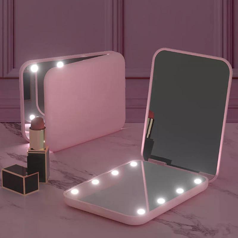 Mini Kompaktowe Lustro do Makijażu LED ze Światłem Powiększające 2x Małe Kieszonkowe Przenośne Podróżne Różowe Czarne Składane Kosmetyczne Lustra Toaletowe