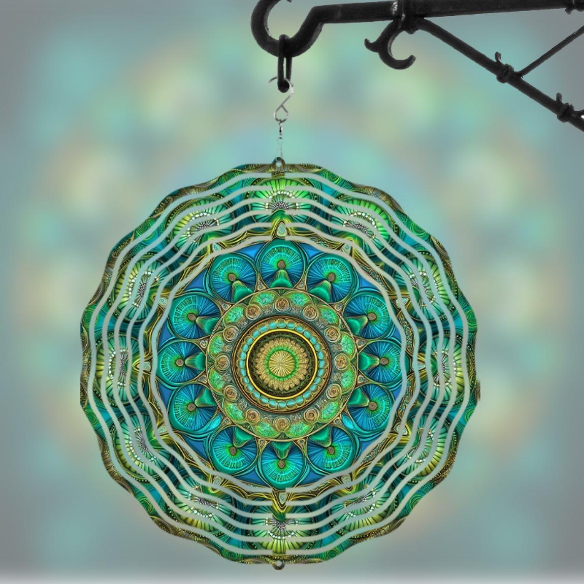 

360 Degree Rotating Hook 10 Inch Metal Wind Chime with Vibrant Teal Gold Mandala Design No Batteries Needed for ft 01A