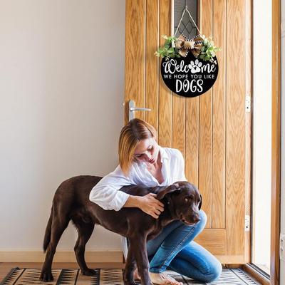 Farmhouse Door Sign for Front Door Porch Decor with Eucalyptus Leaves & Buffalo Bow - Welcome Wreath Sign Hanging for Dogs Lovers Spring Summer Decor