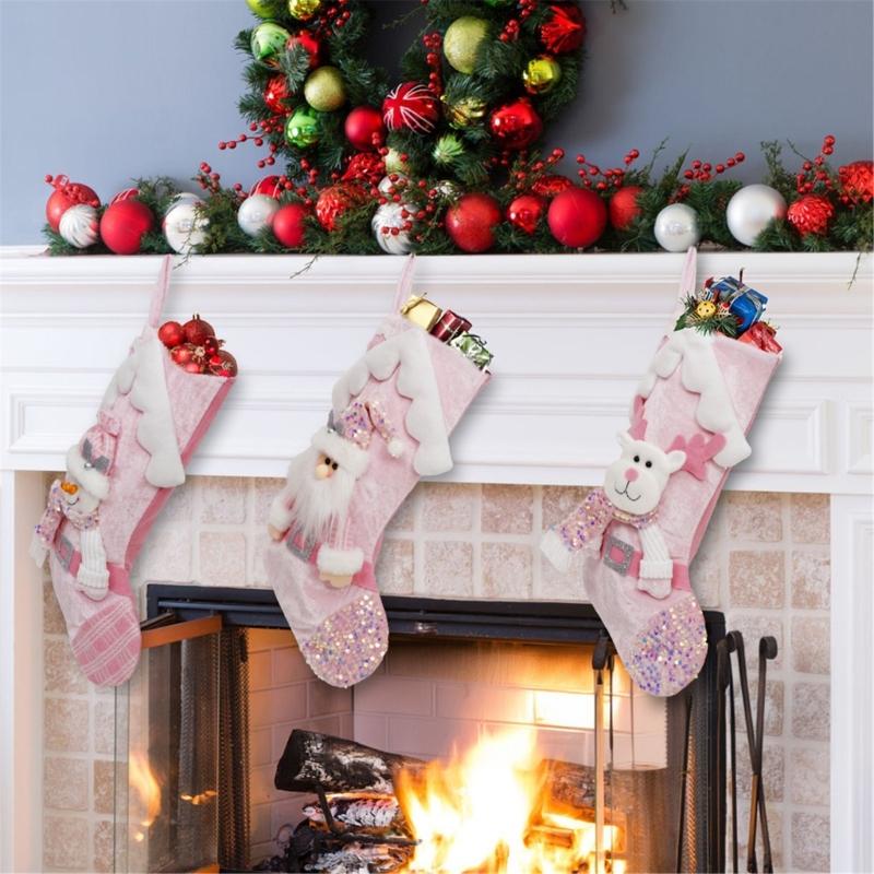 Christmas Stocking Present Bag Hanging Ornament Colorful Sequins Gift Bag Holiday Decoration for Fireplaces and Tree