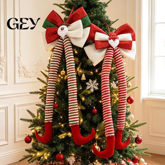 Winter Holiday Home Decoration Christmas Long Legs Bow Ornament, Plush Velvet Hanging Decor with Bendable Soft Ornaments for Xmas Tree Legs, Red White