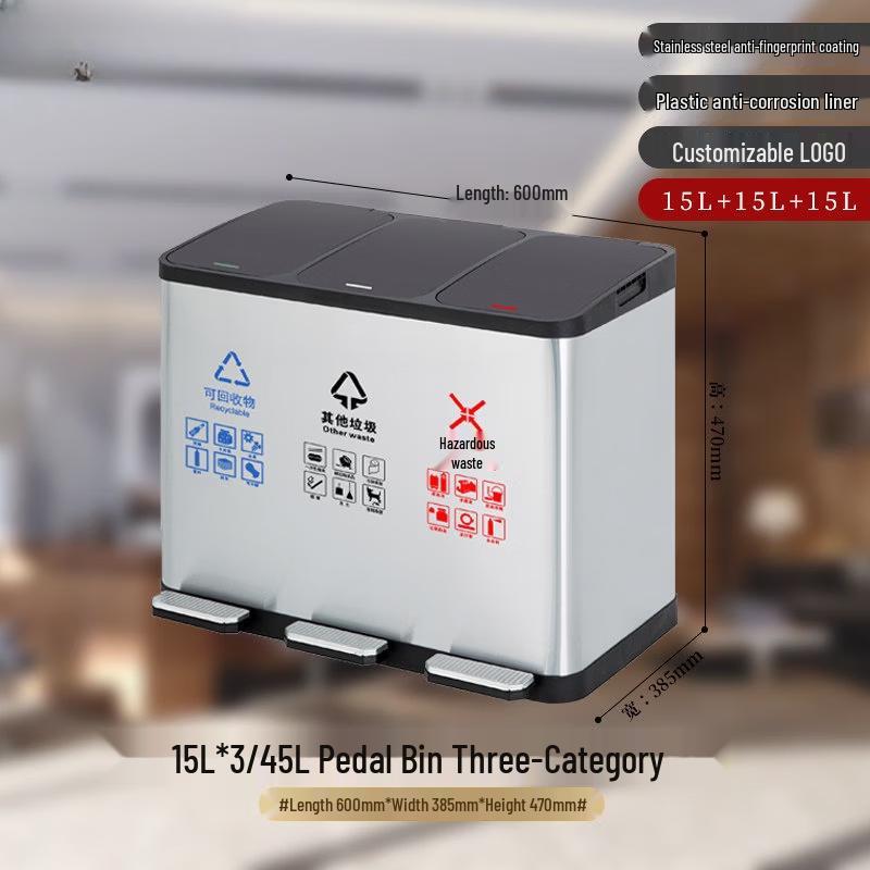 JPHZNB Stainless Steel Triple Compartment Pedal Bin