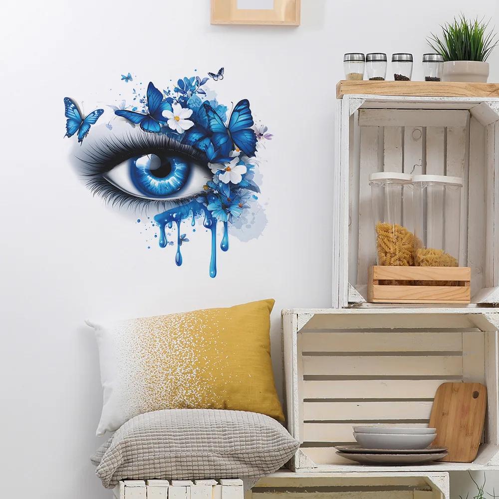 Blue Tearful Eye with Butterfly Wall Art Aesthetic Self Adhesive Vinyl Sticker for Bedroom Living Room Decor