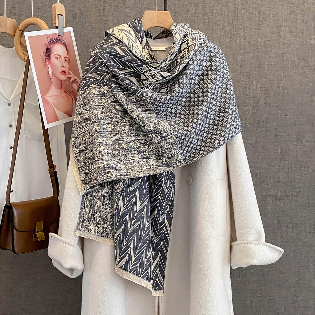 Autumn new fashionable geometric texture splicing scarf women's imitation cashmere warm fashion versatile outer shawl scarf