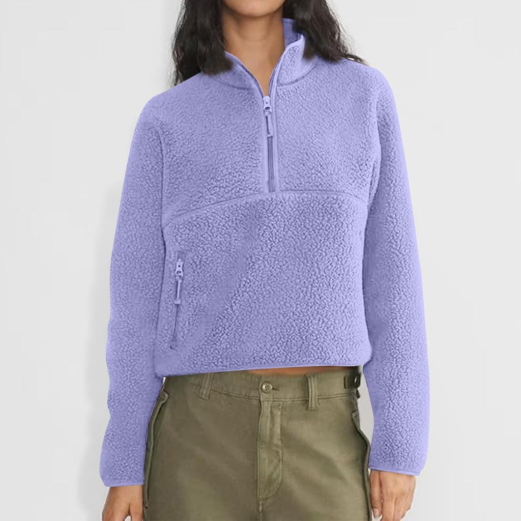 Women's Short Half-Zip Fleece Sweatshirt Plush Warm Cardigan